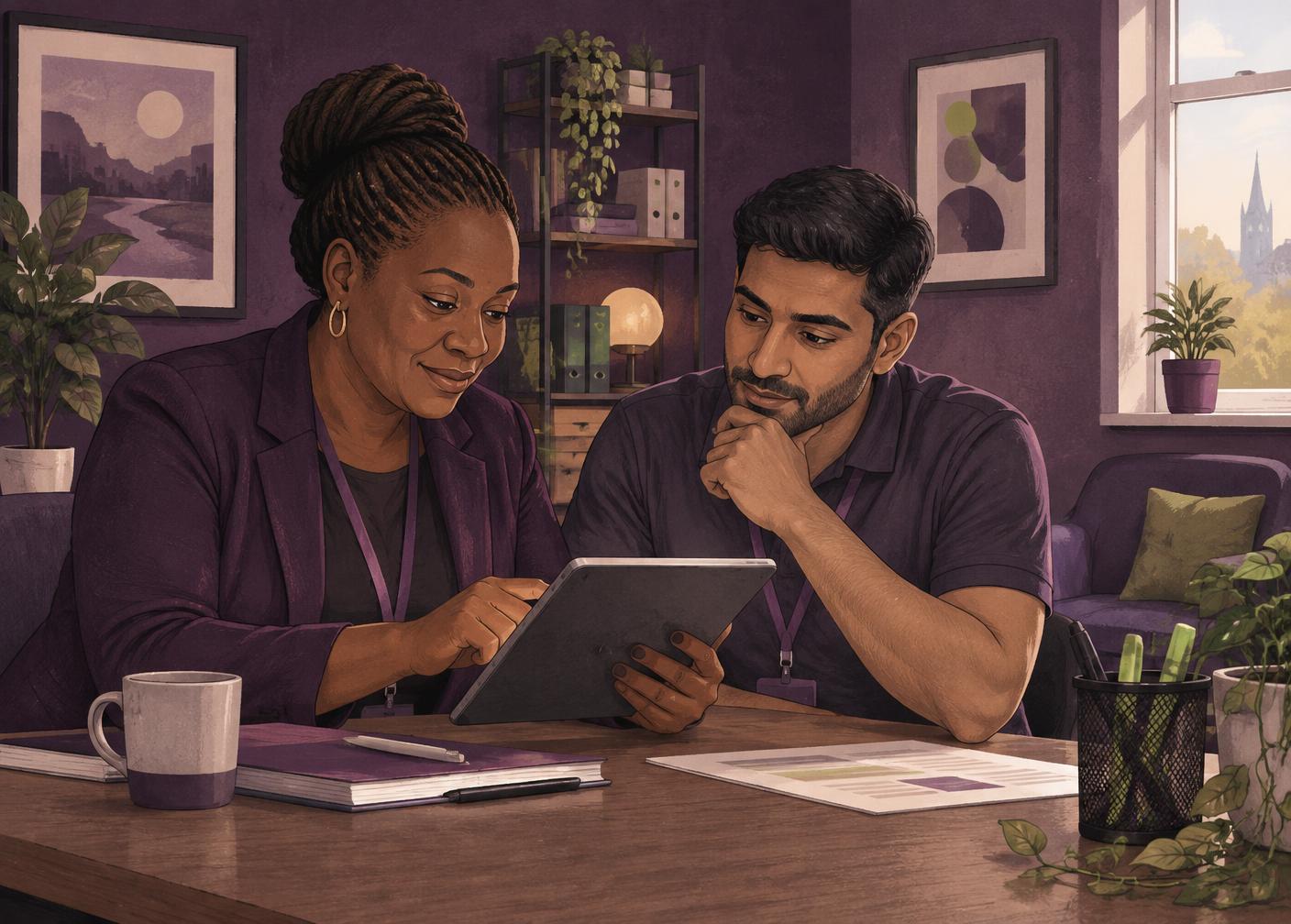 Two care professionals reviewing safeguarding information together