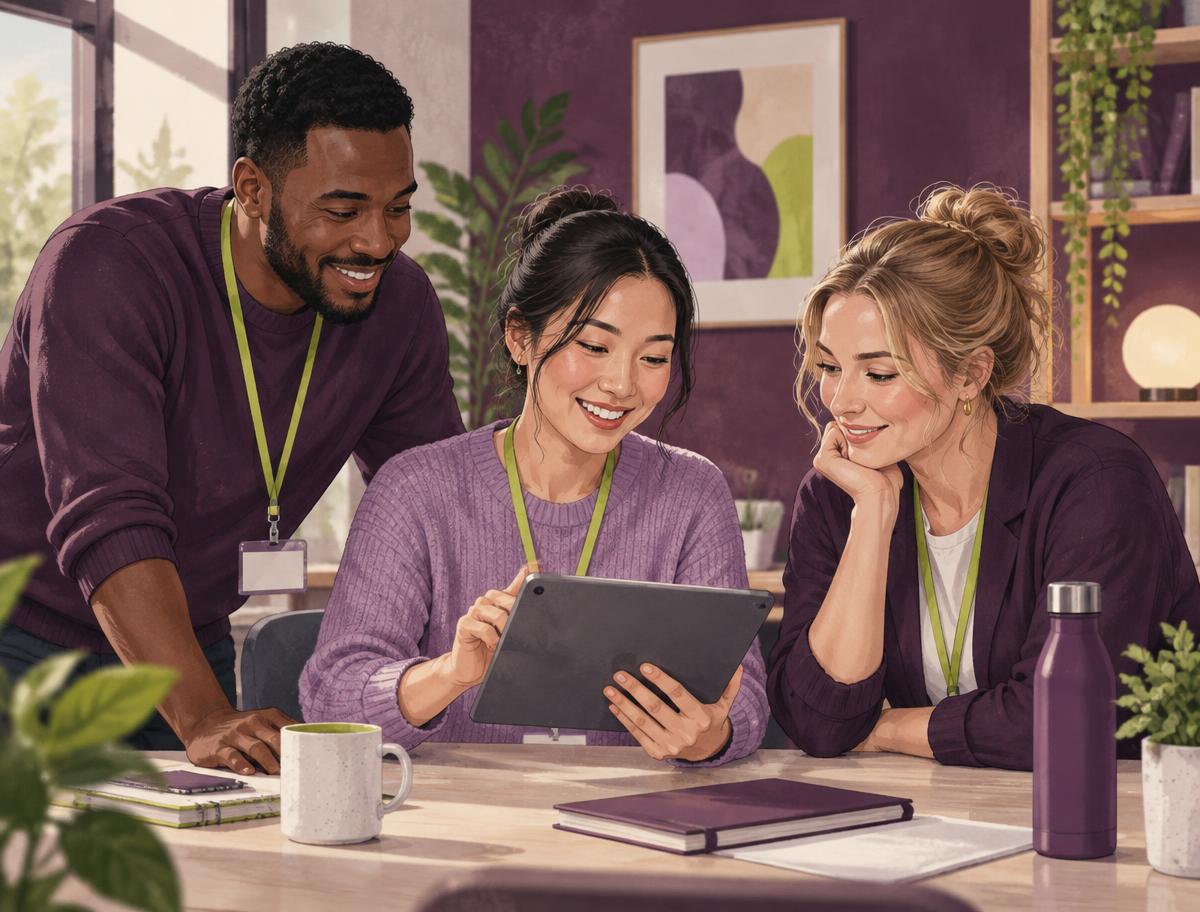 A multicultural care team reviewing a tablet during a shift handover